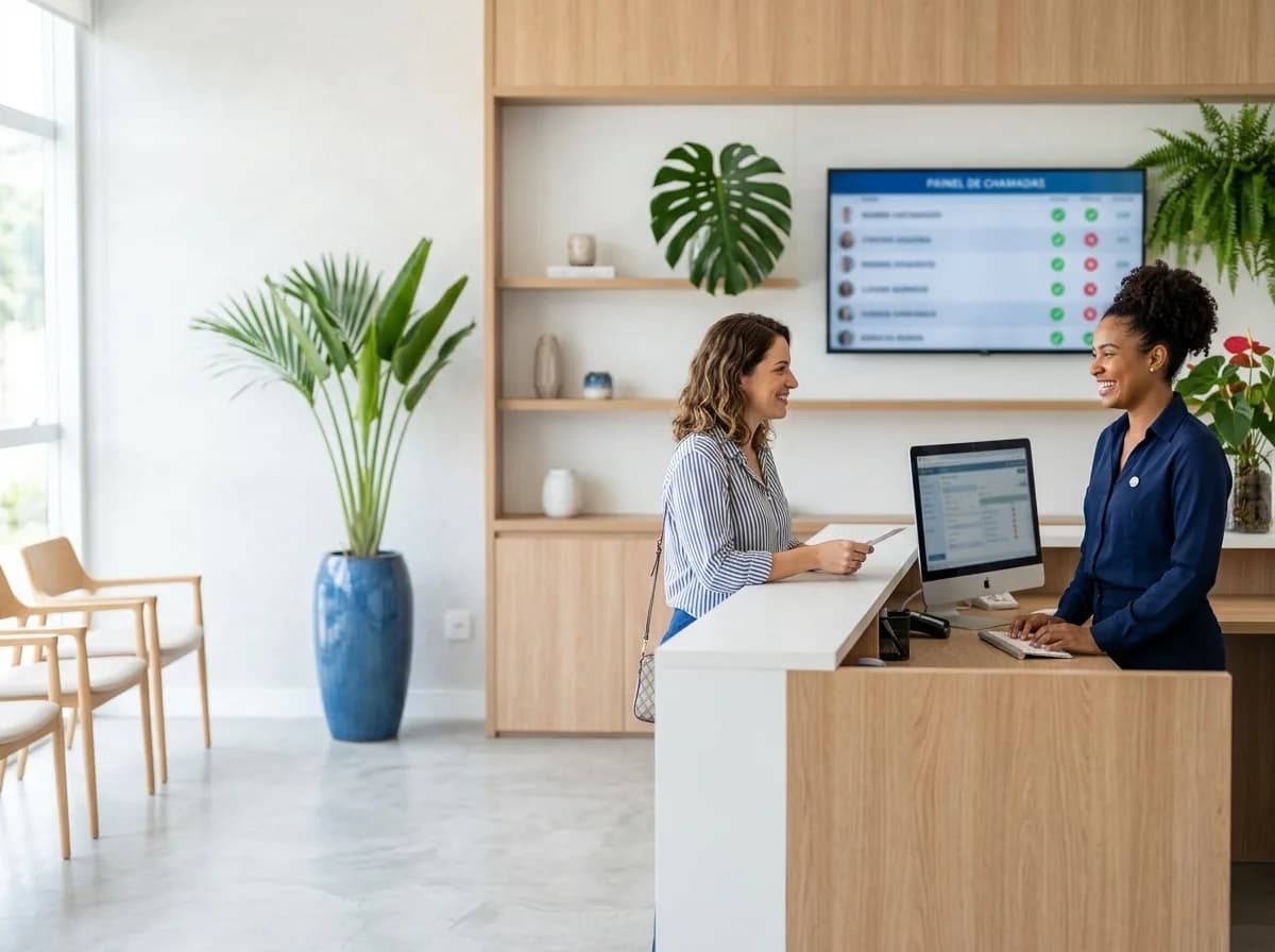 Recepção de clínica com painel de chamada na TV