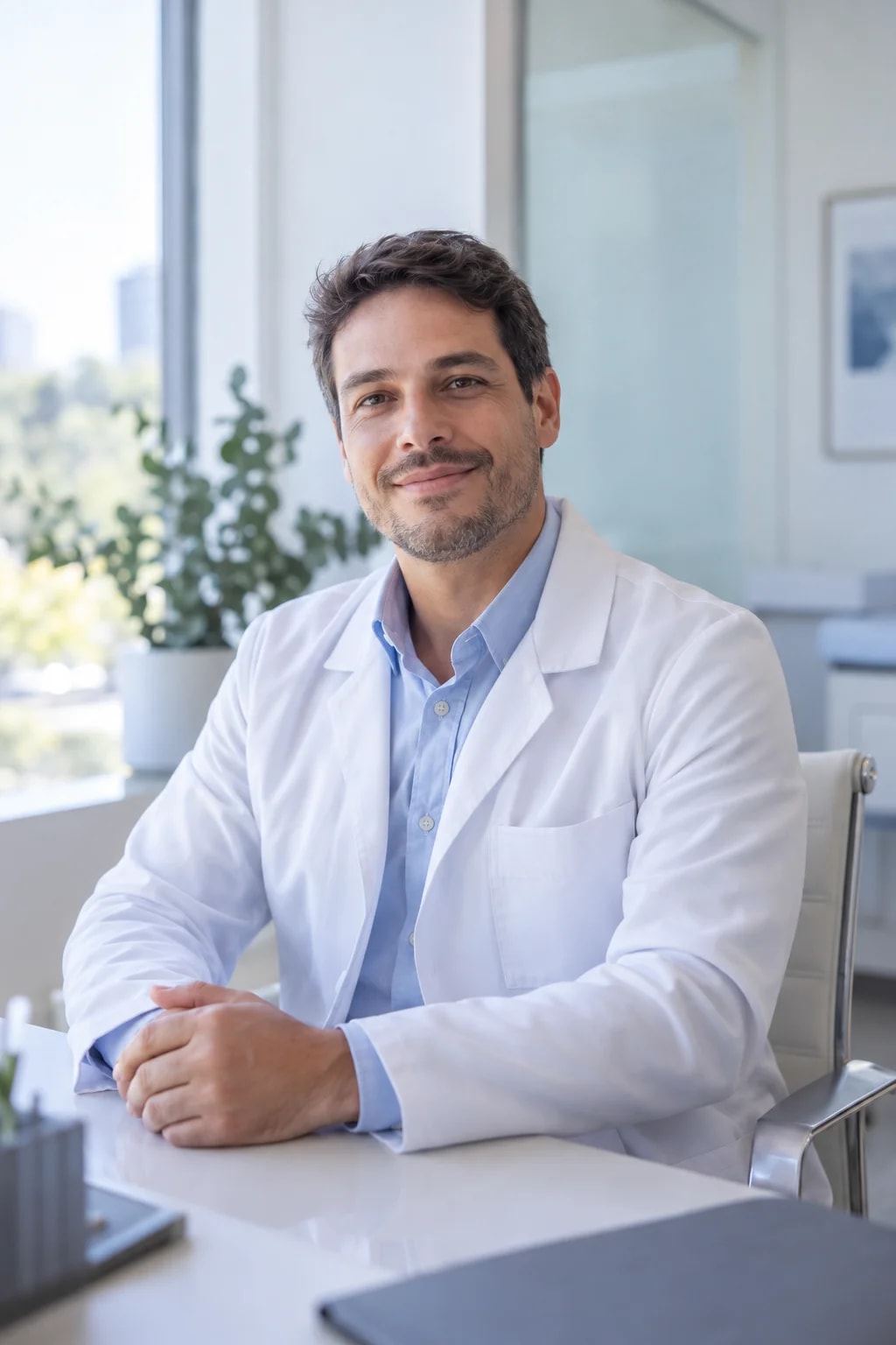 Médico de jaleco branco sentado em um consultório iluminado pela luz natural.